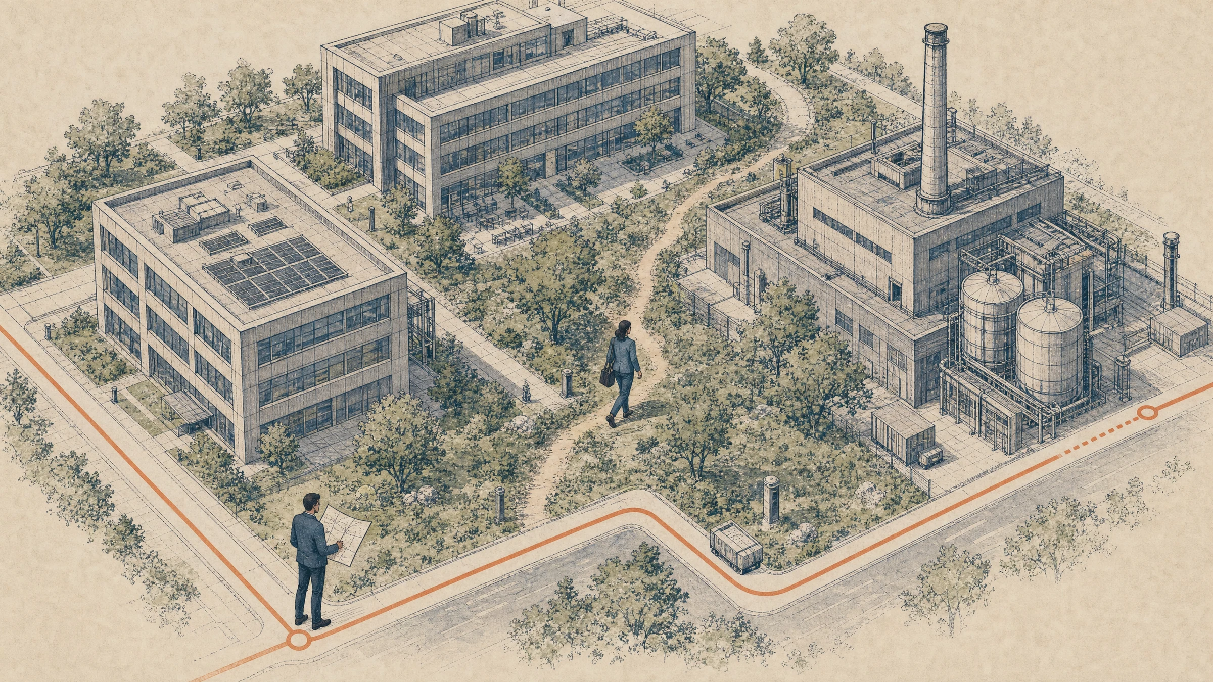 Eine korallene digitale Route verläuft durch ein historisch gezeichnetes Werksgelände, während eine Praktikerin einen informellen Weg zwischen den Gebäuden nutzt.